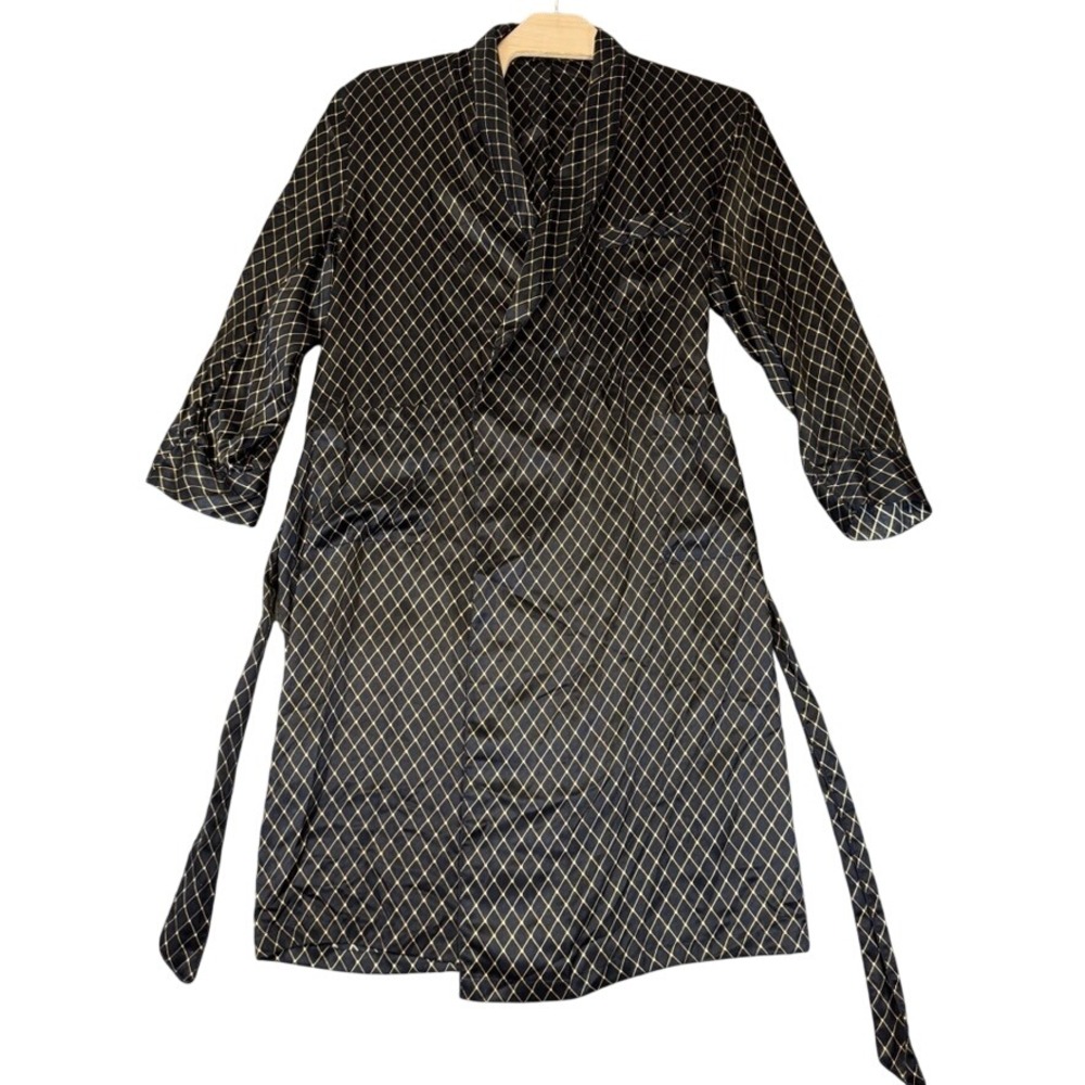 Saks Fifth Avenue JWE Silk Robe Mens XL Black Gold Diamond Lattice Loungewear